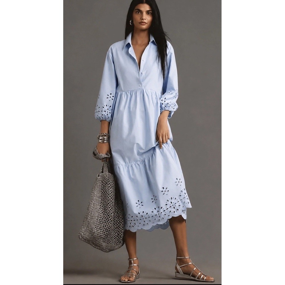Anthropologie Light Blue Eyelet Midi Dress - Picture 2 of 10